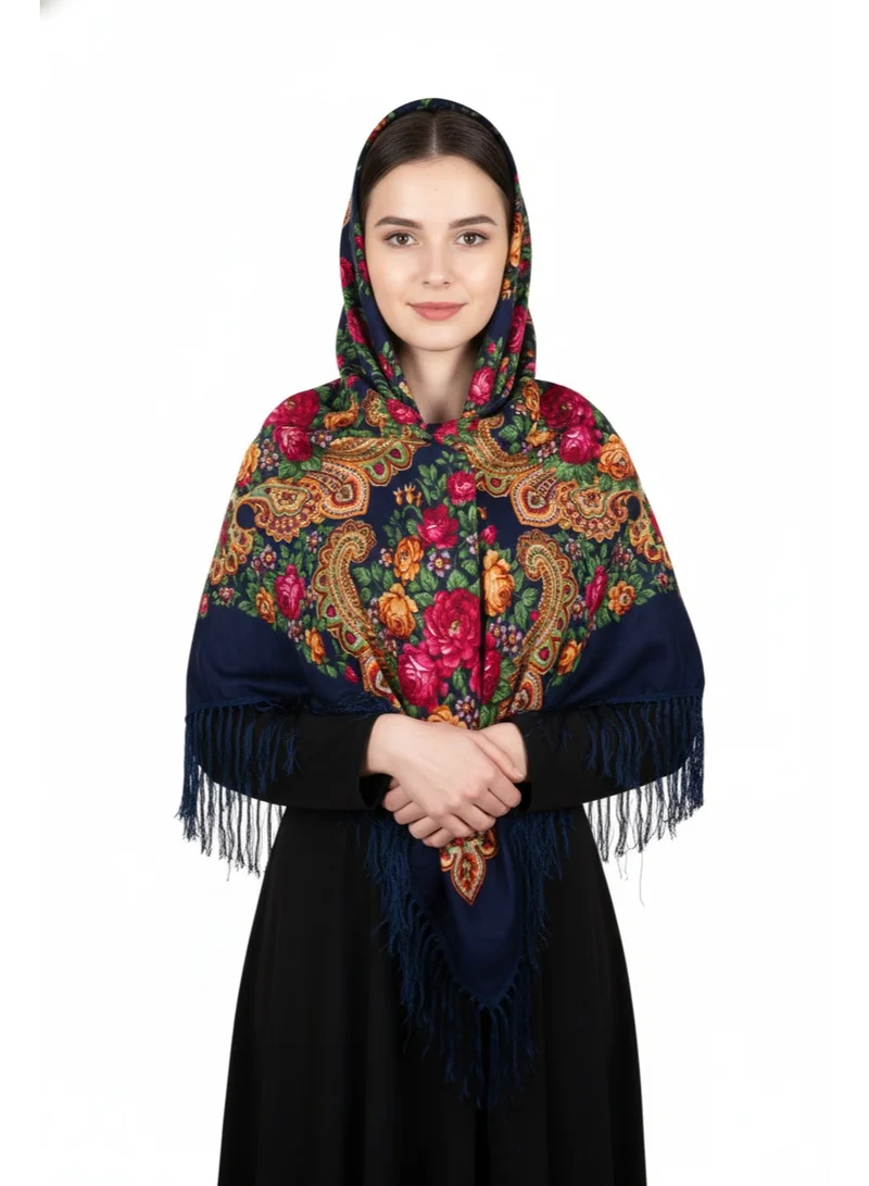 بيداني شال تقليدي أزرق داكن بنقوش شعبية